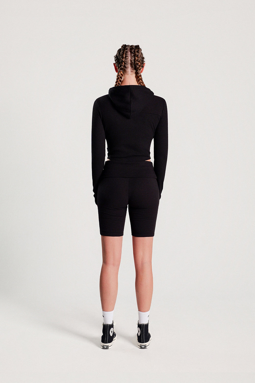 Slim Ribbed 2WAY Hooded Zip-up (Black)