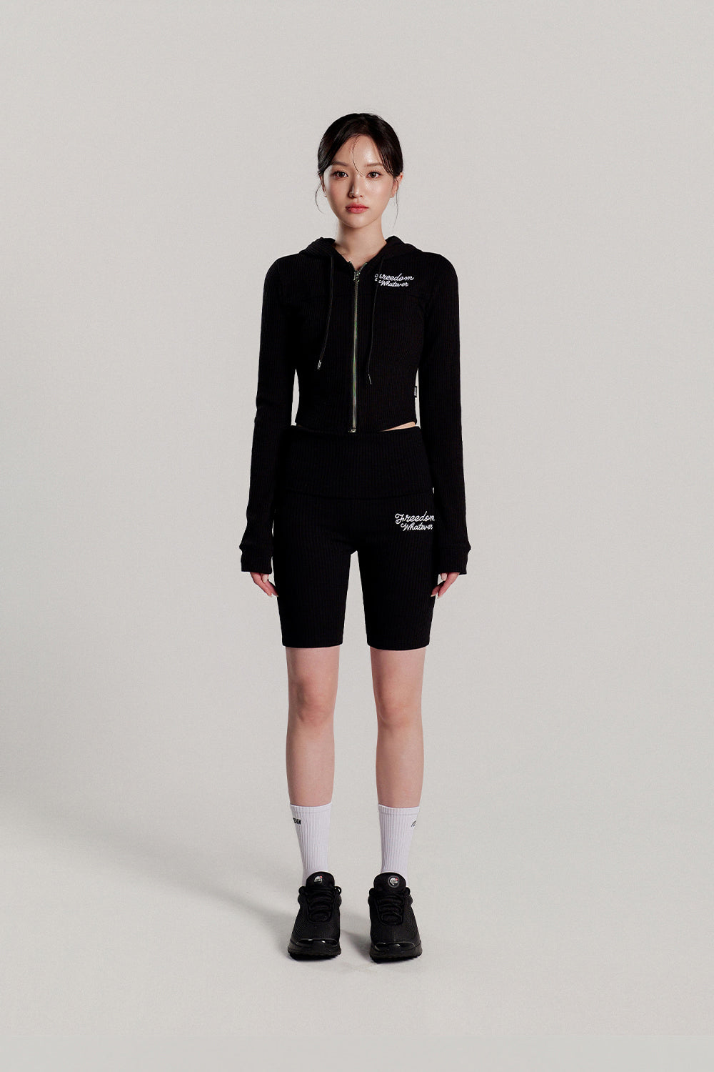 Slim Ribbed 2WAY Hooded Zip-up (Black)