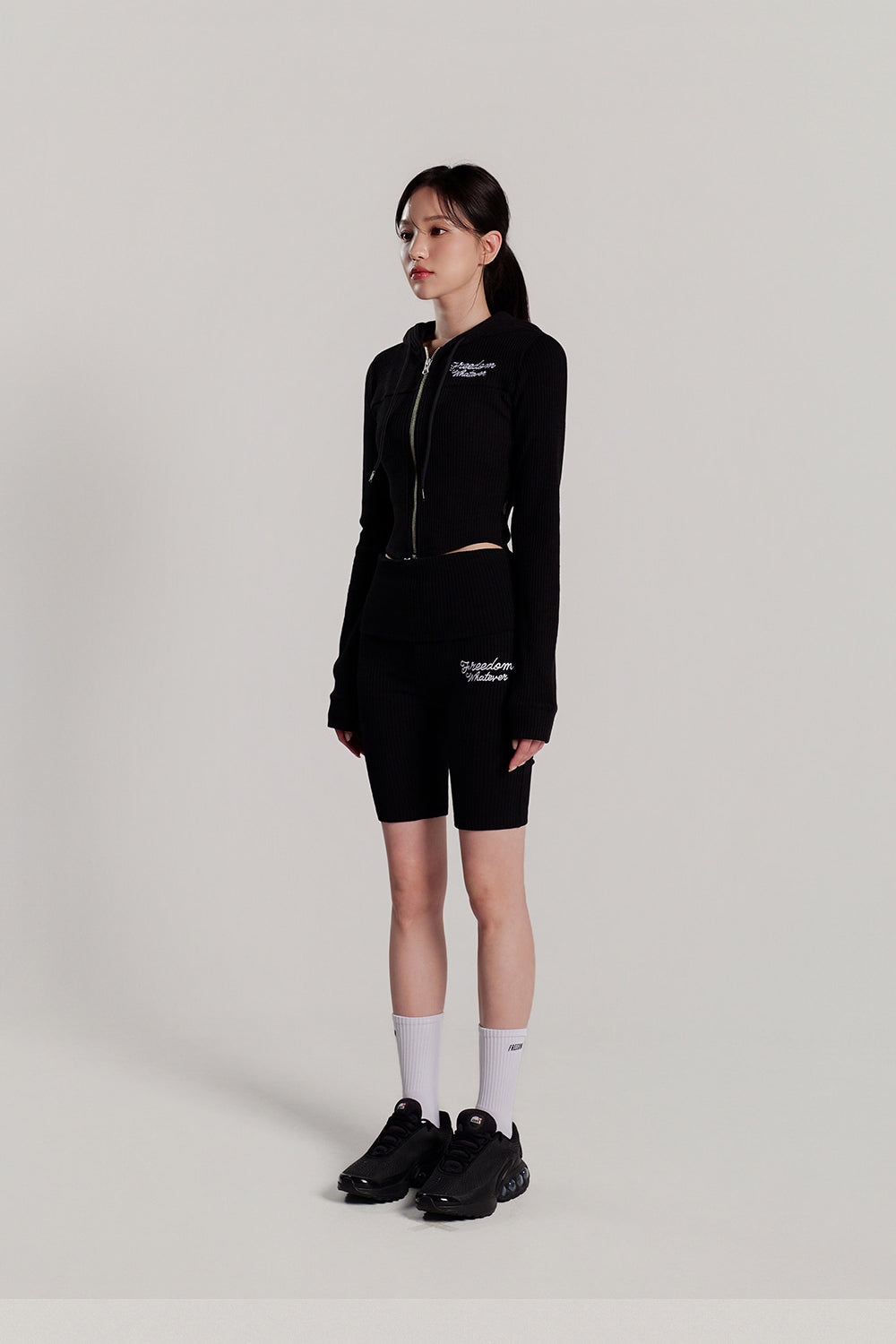 Slim Ribbed 2WAY Hooded Zip-up (Black)