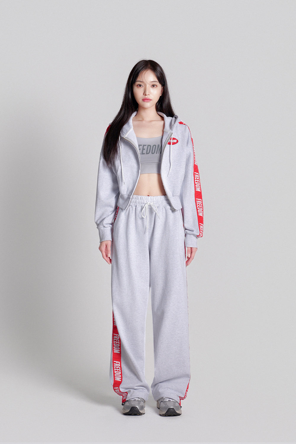 FREEDOM Women's Cropped Lettering Hooded Zip-up (Melange)