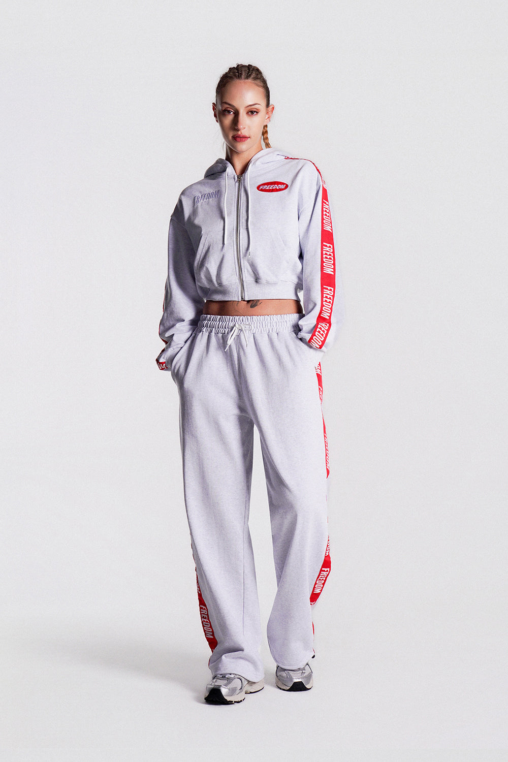FREEDOM Women's Cropped Lettering Hooded Zip-up (Melange)